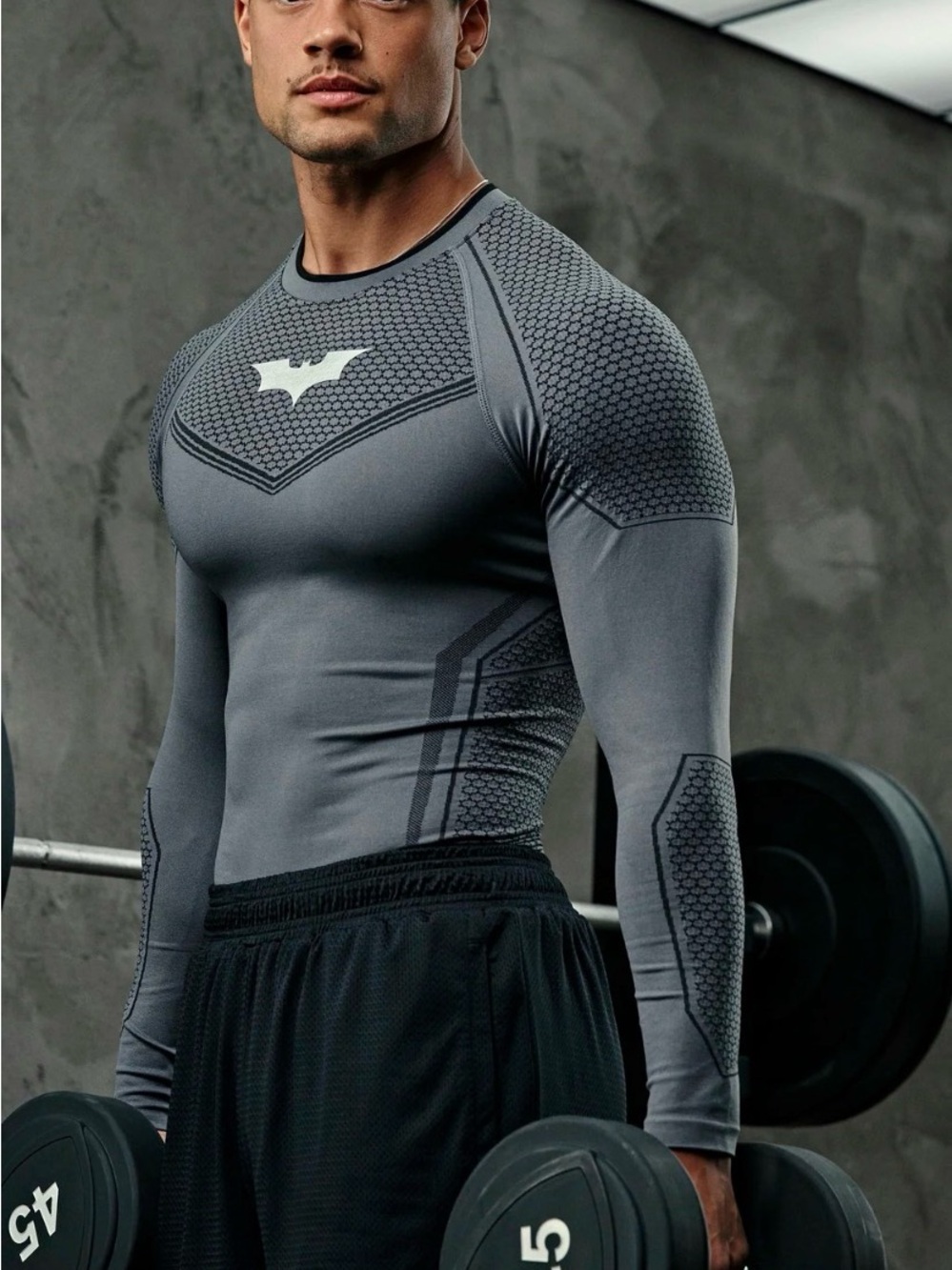 SOLD*Youngla batman Men's Gray Long-Sleeve Compression Swim Top - Performance